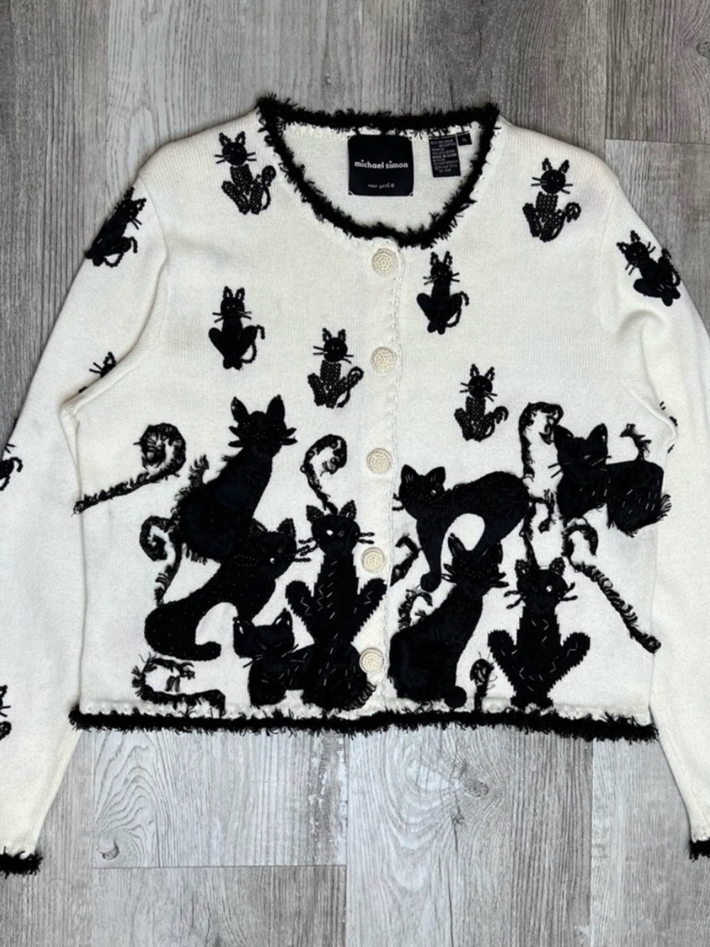 Vintage Michael Simon Knit Black Cat Button up Cardigan size XL